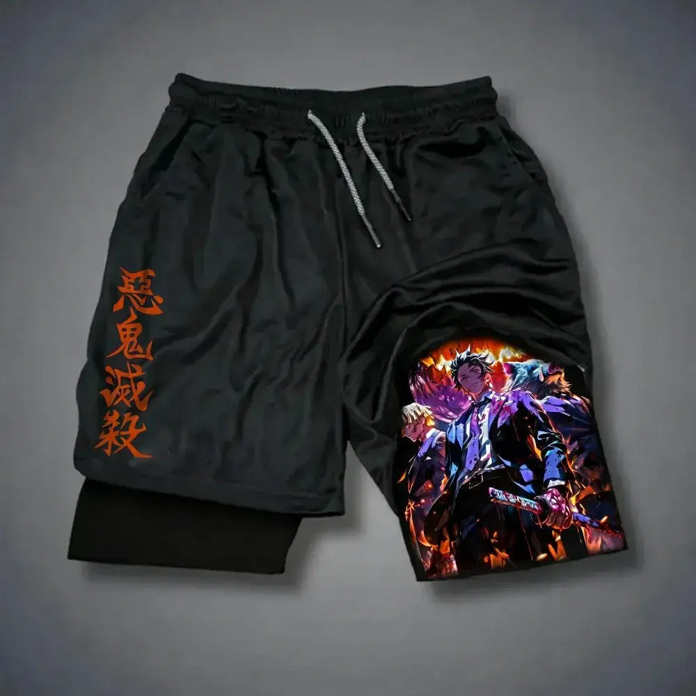 Black quick drying demon slayer tokitou muichirou sports shorts with vibrant anime print and orange japanese characters