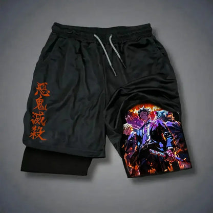 Black quick drying demon slayer tokitou muichirou sports shorts with vibrant anime print and orange japanese characters