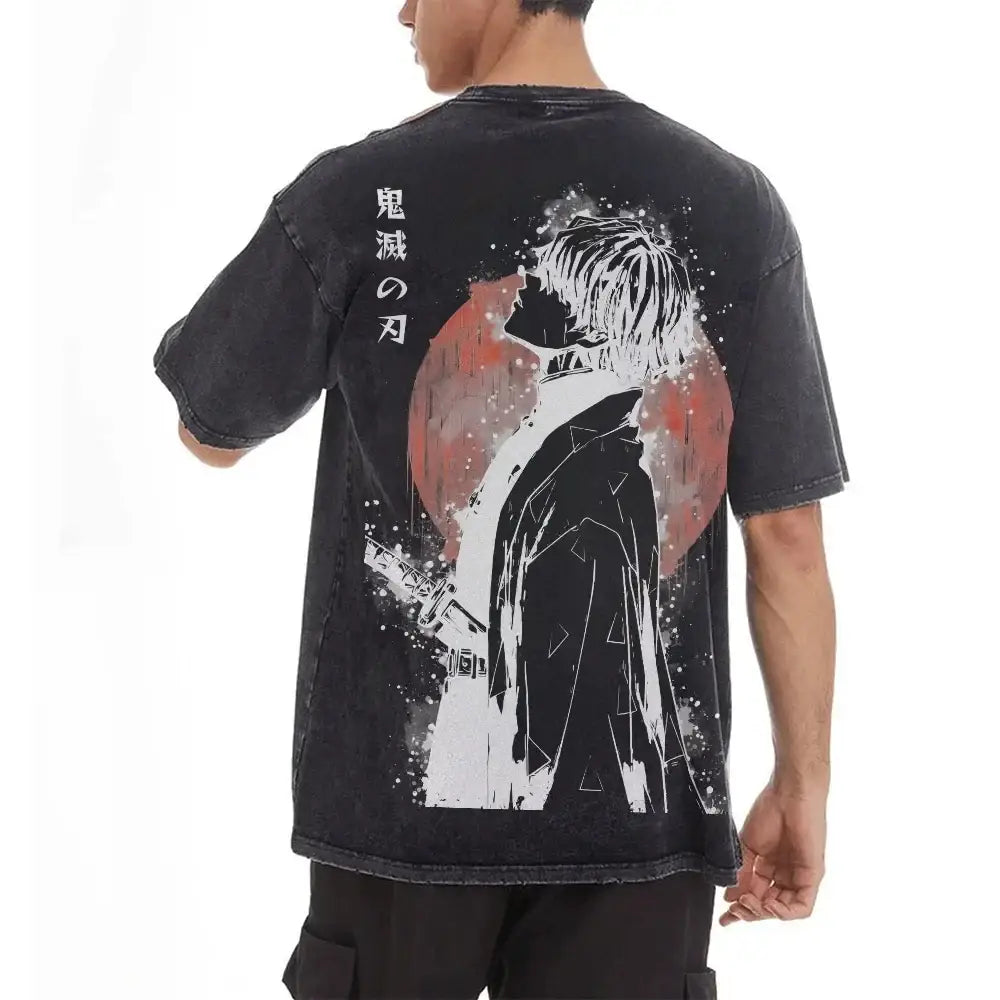Black distressed retro washed t-shirt featuring white zenitsu agatsuma anime print and red splatter demon slayer design