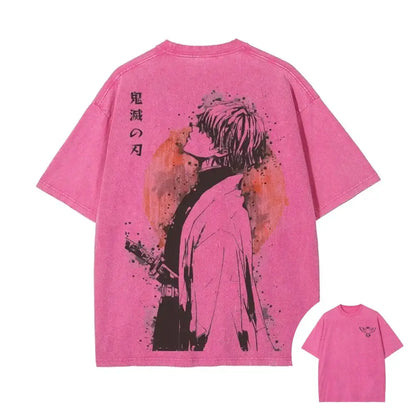 Back of pink oversized retro washed t-shirt featuring zenitsu agatsuma demon slayer illustration with japanese text