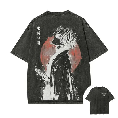 Black distressed cotton t-shirt with retro washed zenitsu agatsuma anime graphic and japanese text for street style