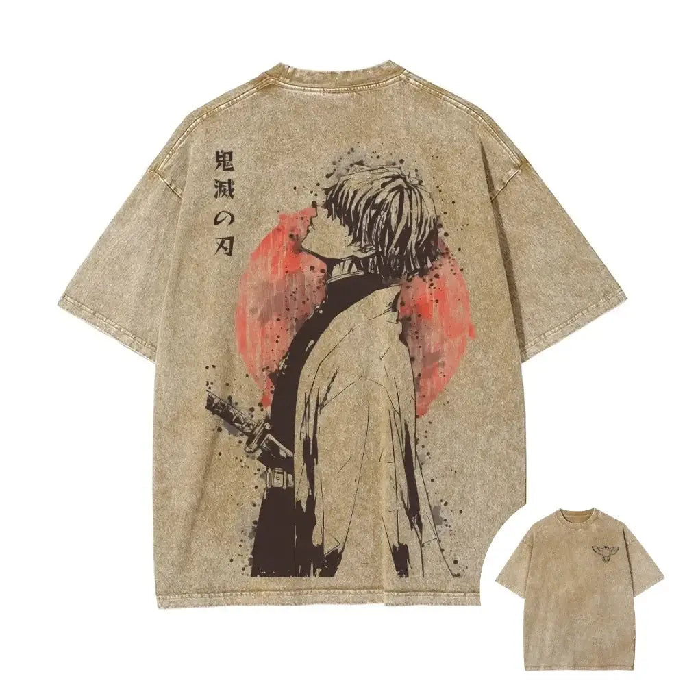 Beige distressed denim t-shirt with retro washed style featuring zenitsu agatsuma demon slayer graphic on back