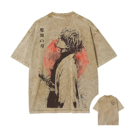 Beige distressed denim t-shirt with retro washed style featuring zenitsu agatsuma demon slayer graphic on back