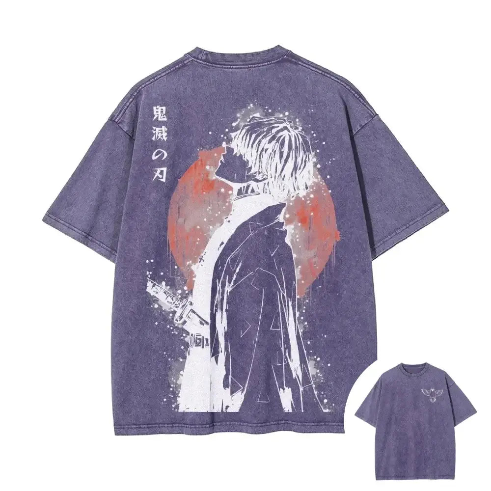 Purple oversized retro washed t-shirt with white zenitsu agatsuma anime print and orange circle on back street style