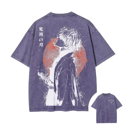 Purple oversized retro washed t-shirt with white zenitsu agatsuma anime print and orange circle on back street style