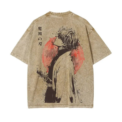 Beige oversized retro washed t-shirt showing the back with black and red zenitsu agatsuma demon slayer graphic and japanese text