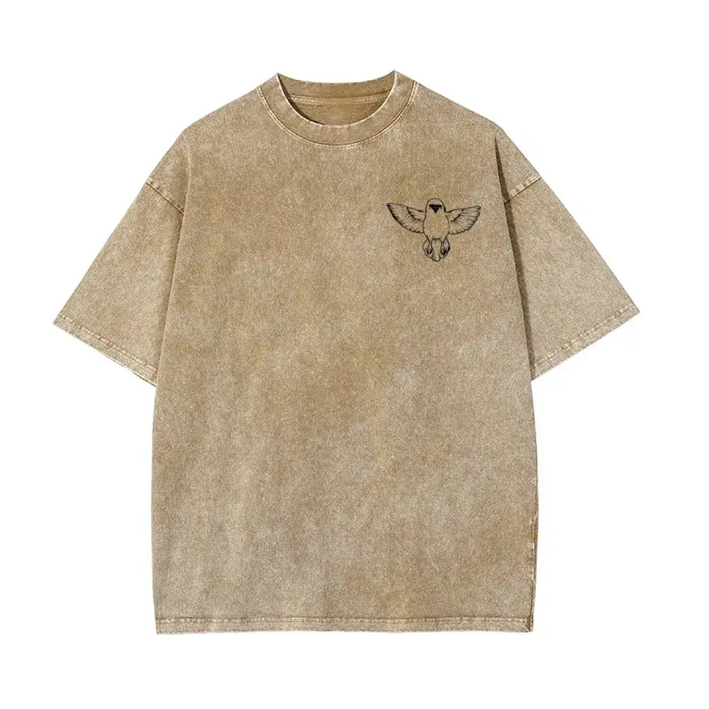 Beige oversized cotton demon slayer zenitsu agatsuma retro washed t-shirt with faded texture and black bird embroidery