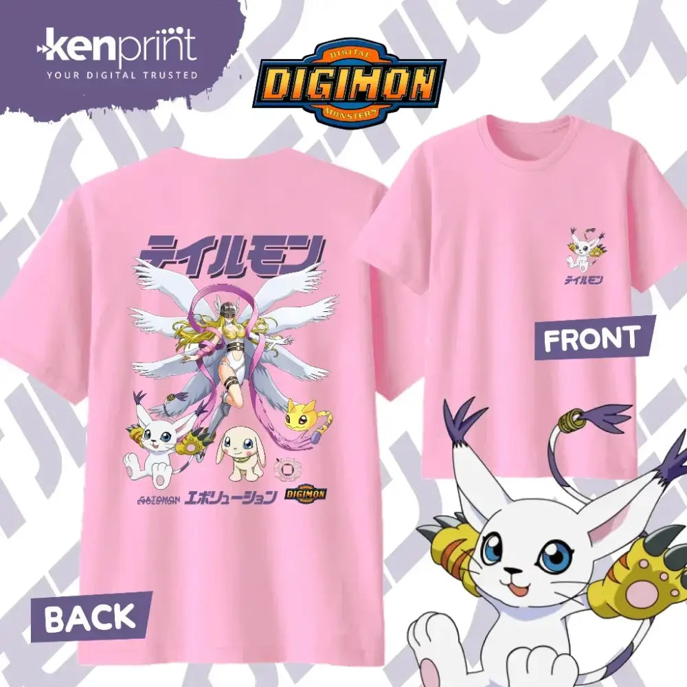 Pink short-sleeved t-shirt with vibrant digimon gatomon evolution print on back for everyday wear