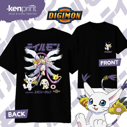 Black short-sleeved digimon gatomon graphic t-shirt with vibrant evolution print on back for everyday wear