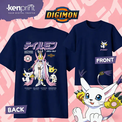 Navy blue digimon gatomon evolution print t-shirt with detailed graphic on back and small logo patch front for everyday wear