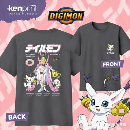 Dark gray digimon gatomon t-shirt with pink accented evolution print and japanese text on back for everyday wear