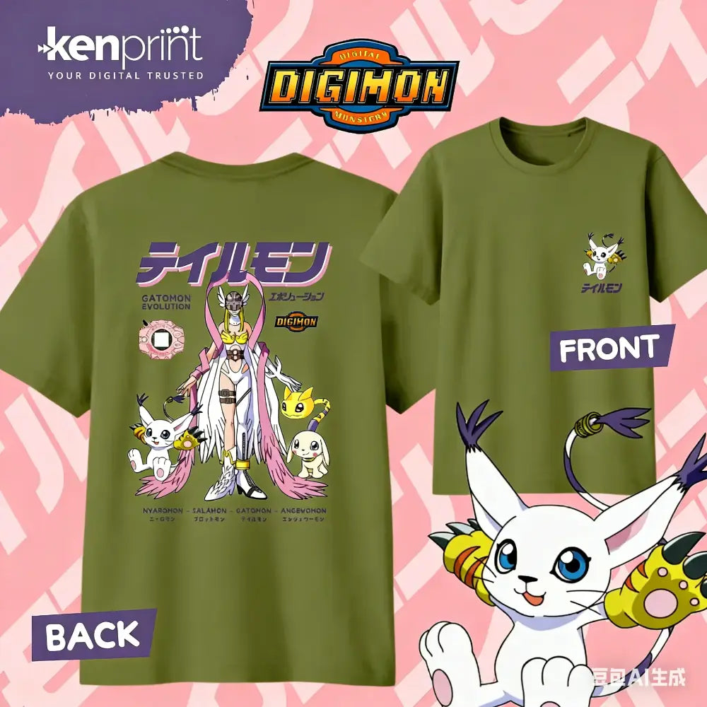 Olive green digimon gatomon short-sleeved t-shirt with detailed evolution print on back and small embroidered logo front for everyday wear