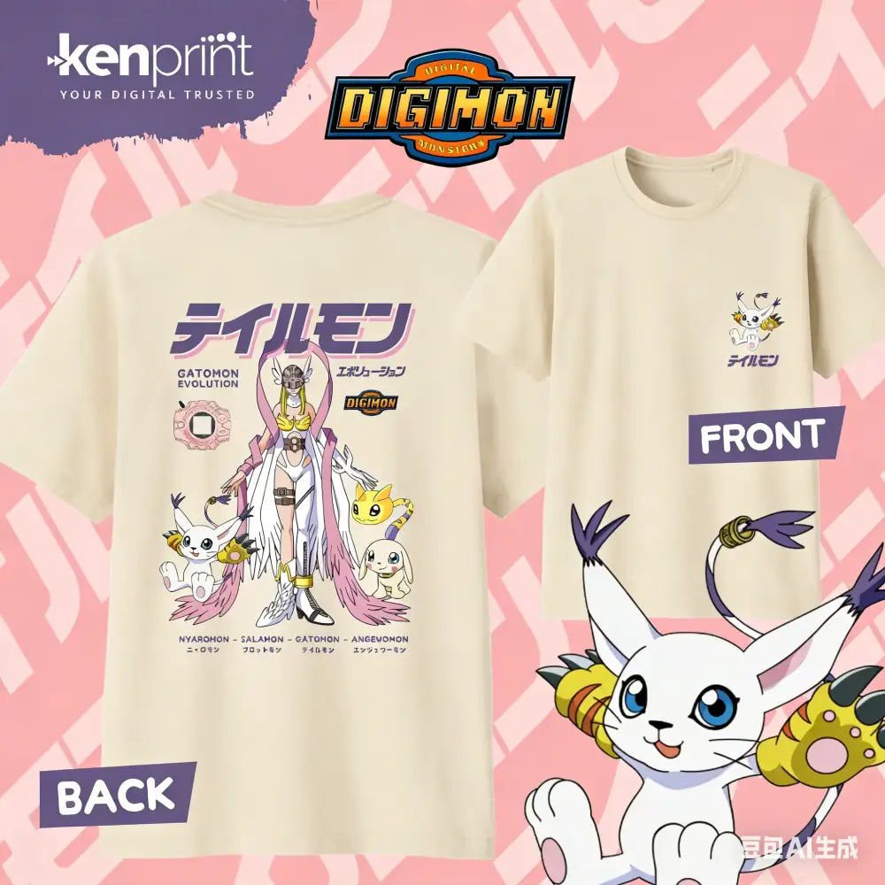 Cream-colored cotton digimon gatomon graphic t-shirt with evolution print on back and embroidered logo on front for everyday wear