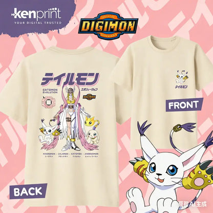 Cream-colored cotton digimon gatomon graphic t-shirt with evolution print on back and embroidered logo on front for everyday wear
