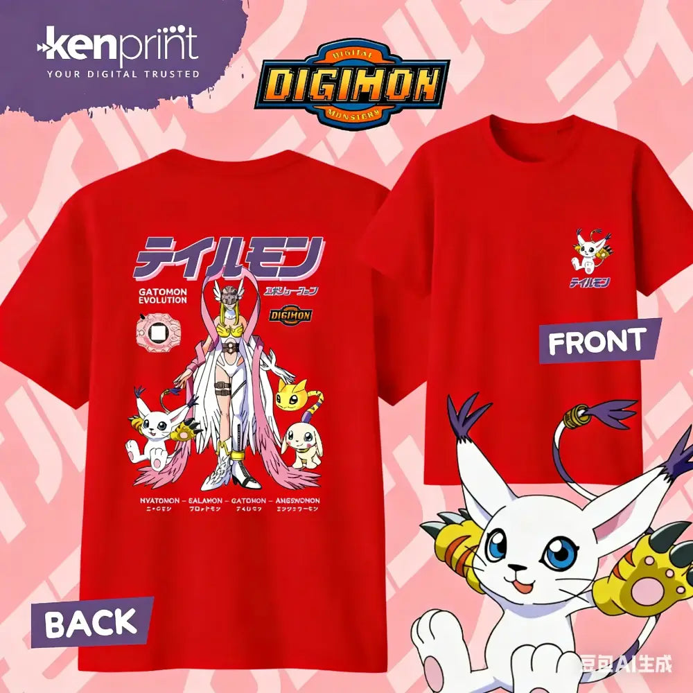 Red short-sleeved digimon gatomon t-shirt featuring an evolution print on the back and embroidered front design for everyday wear