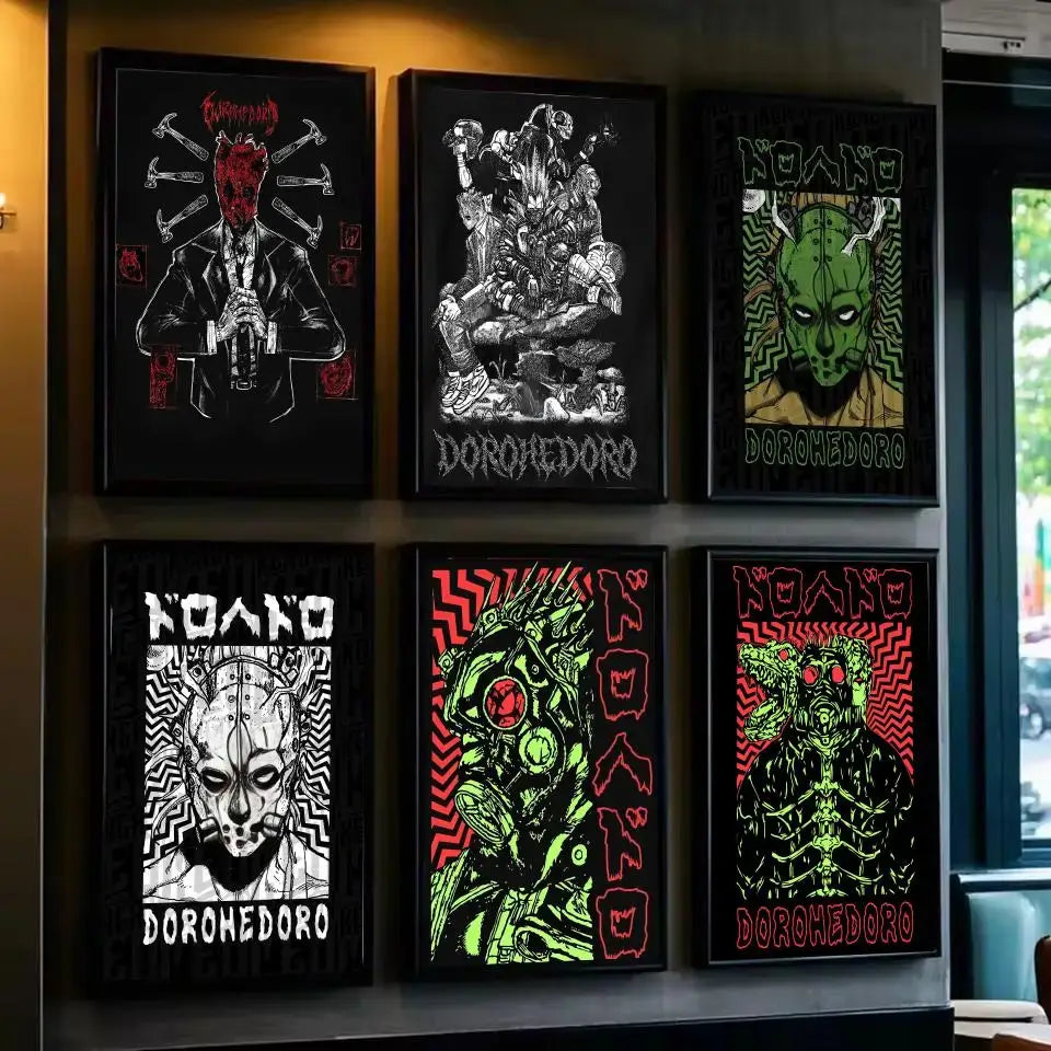Black-framed dorohedoro minimalist pp paper wall art with bold red and neon green accents on dark paper wall art background