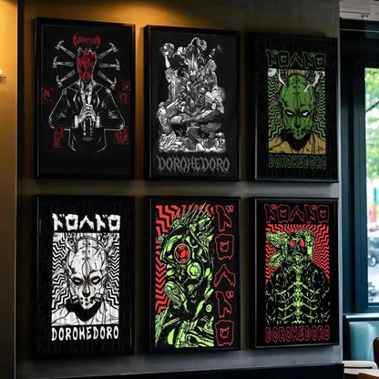 Black-framed dorohedoro minimalist pp paper wall art with bold red and neon green accents on dark paper wall art background