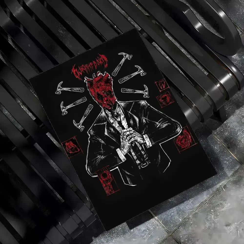 Black dorohedoro poster featuring red-skulled figure in suit with white hammers on minimalist pp paper wall art