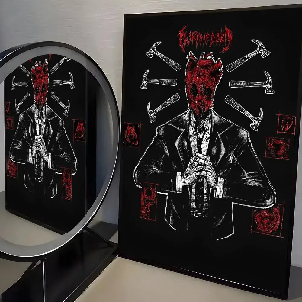 Black framed dorohedoro poster with red skull figure and white hammers minimalist pp paper wall art