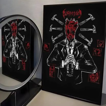 Black framed dorohedoro poster with red skull figure and white hammers minimalist pp paper wall art