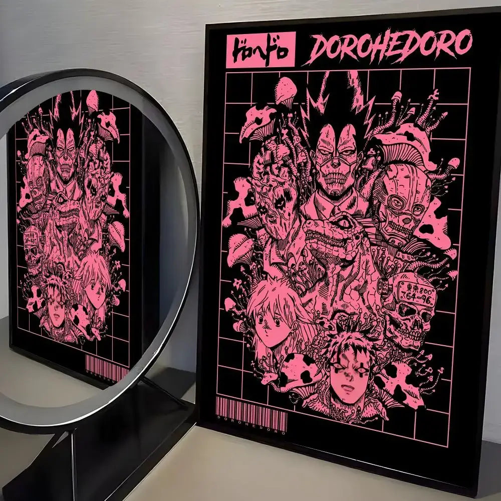 Pink neon dorohedoro manga poster wall art in black frame printed on minimalist pp paper paper wall art decor