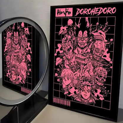 Pink neon dorohedoro manga poster wall art in black frame printed on minimalist pp paper paper wall art decor