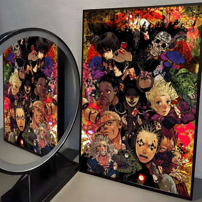 Vibrant dorohedoro poster wall art featuring chaotic anime characters in bold reds and purples on minimalist pp paper wall