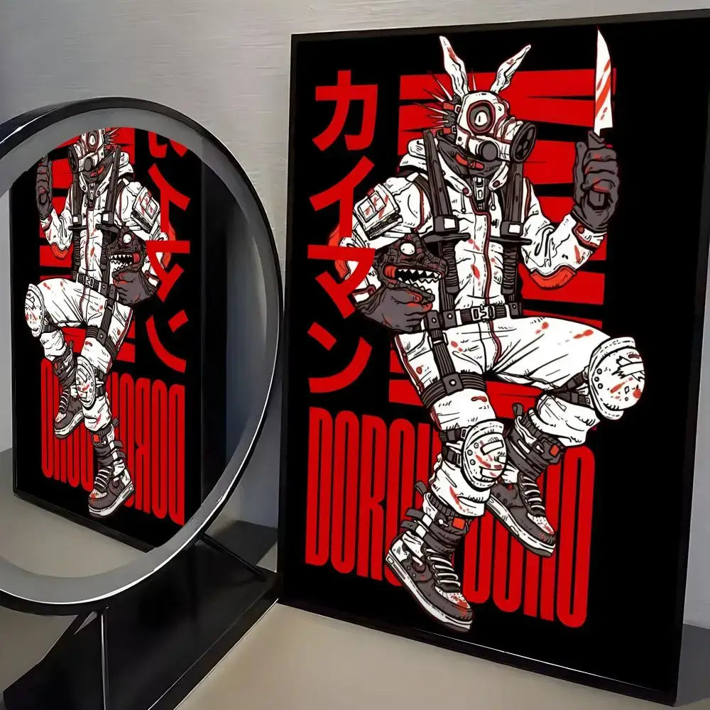Black-framed dorohedoro poster wall art featuring a white rabbit in a blood-splattered astronaut suit on minimalist pp paper