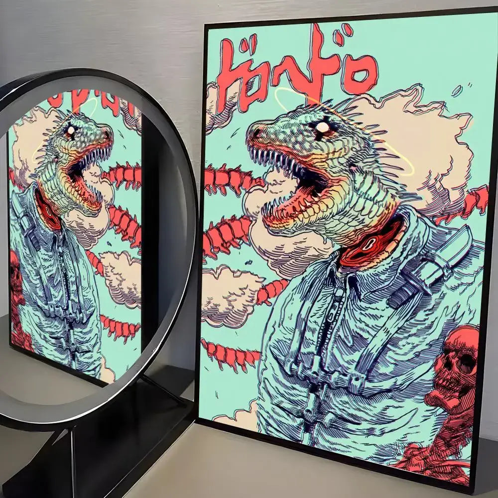 A framed dorohedoro poster wall art with minimalist pp paper featuring a red and teal godzilla astronaut design