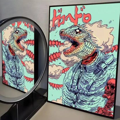 A framed dorohedoro poster wall art with minimalist pp paper featuring a red and teal godzilla astronaut design