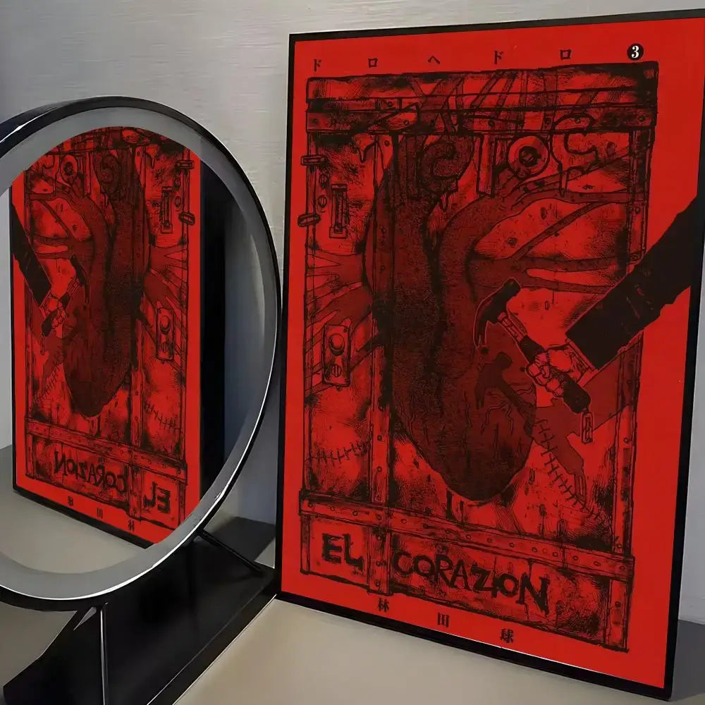 Dorohedoro wall art with a striking red and black mechanical heart design on minimalist pp paper wall art poster