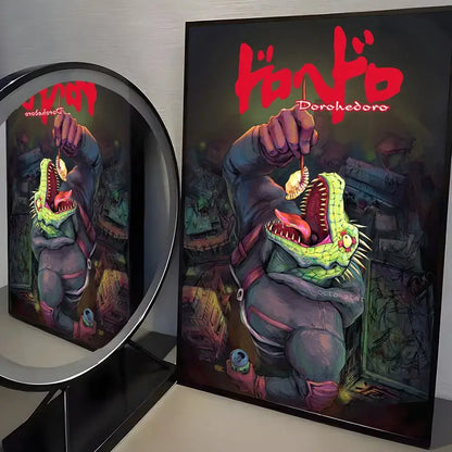 A framed dorohedoro wall art featuring a green reptilian creature in a gray suit on minimalist pp paper wall art