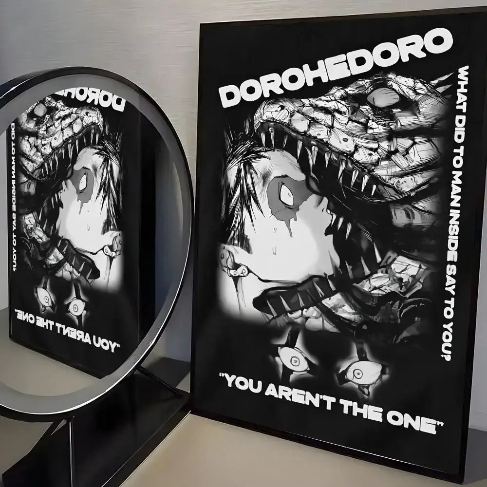 Black framed dorohedoro minimalist pp paper wall art featuring monochrome character with sharp teeth and glowing eyes