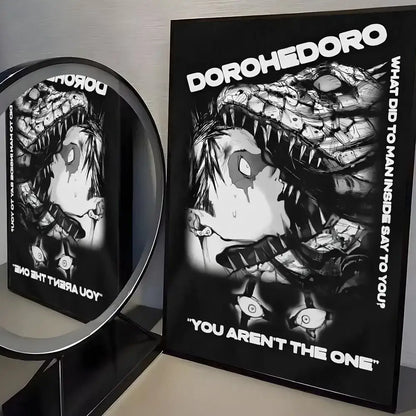 Black framed dorohedoro minimalist pp paper wall art featuring monochrome character with sharp teeth and glowing eyes