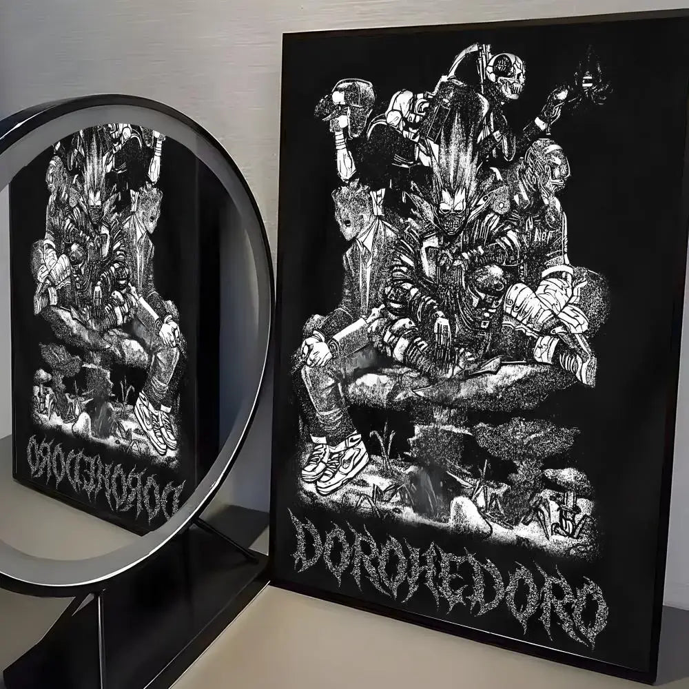 Black-framed dorohedoro poster wall art featuring detailed black and white illustration on minimalist pp paper wall art