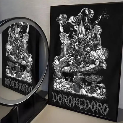 Black-framed dorohedoro poster wall art featuring detailed black and white illustration on minimalist pp paper wall art