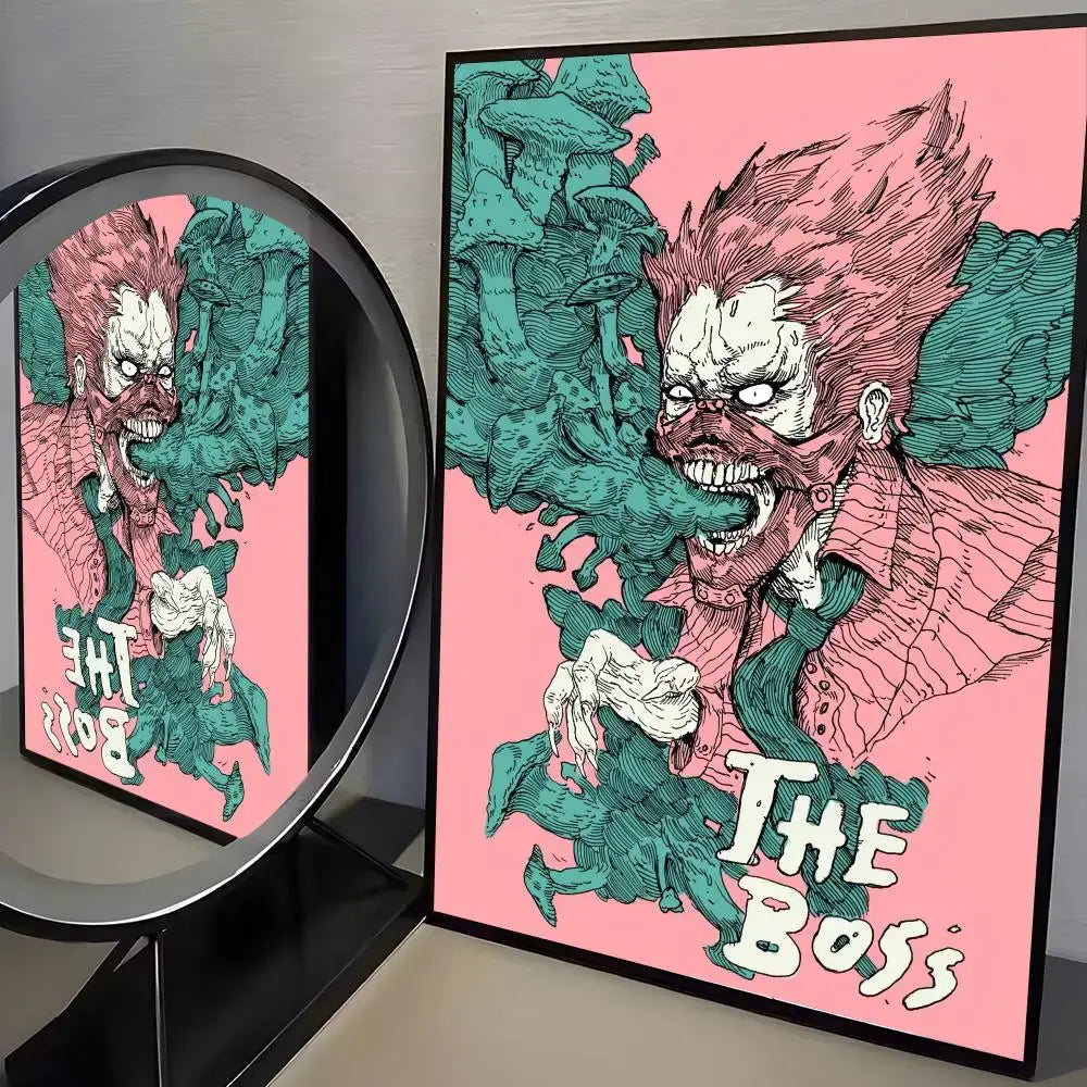 A framed dorohedoro poster featuring a menacing clown with pink hair and green fungal growths on minimalist pp paper wall art