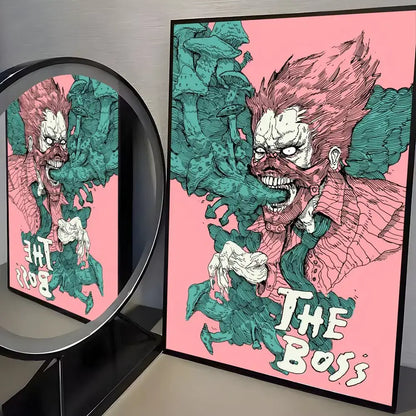 A framed dorohedoro poster featuring a menacing clown with pink hair and green fungal growths on minimalist pp paper wall art
