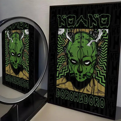 Dorohedoro poster minimalist pp paper wall art with green and black frame and stylized menacing green face design
