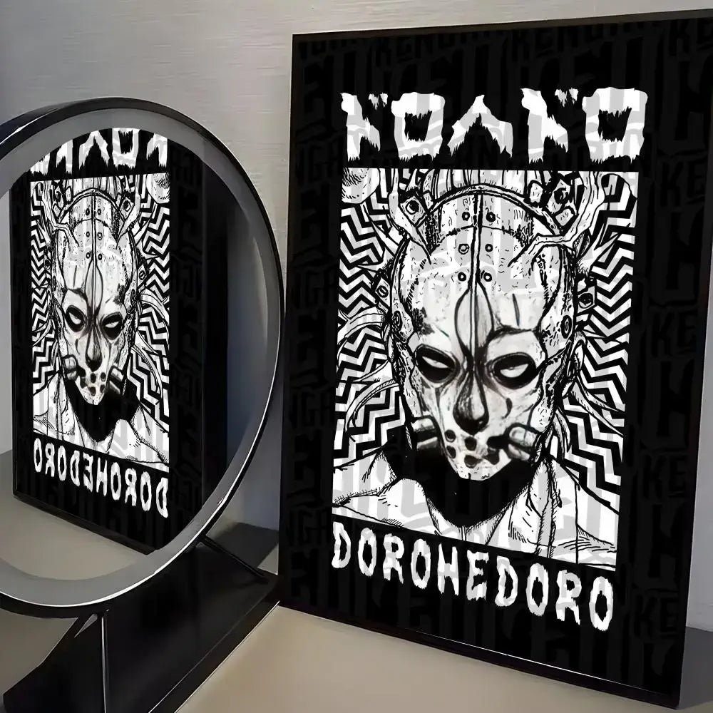 Black-framed dorohedoro poster with white line masked figure on minimalist pp paper wall art for paper wall decor