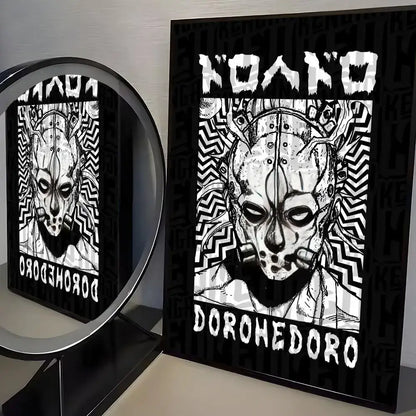 Black-framed dorohedoro poster with white line masked figure on minimalist pp paper wall art for paper wall decor