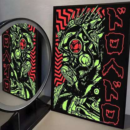 A striking dorohedoro minimalist pp paper wall art poster featuring neon green and red stylized figure with japanese characters