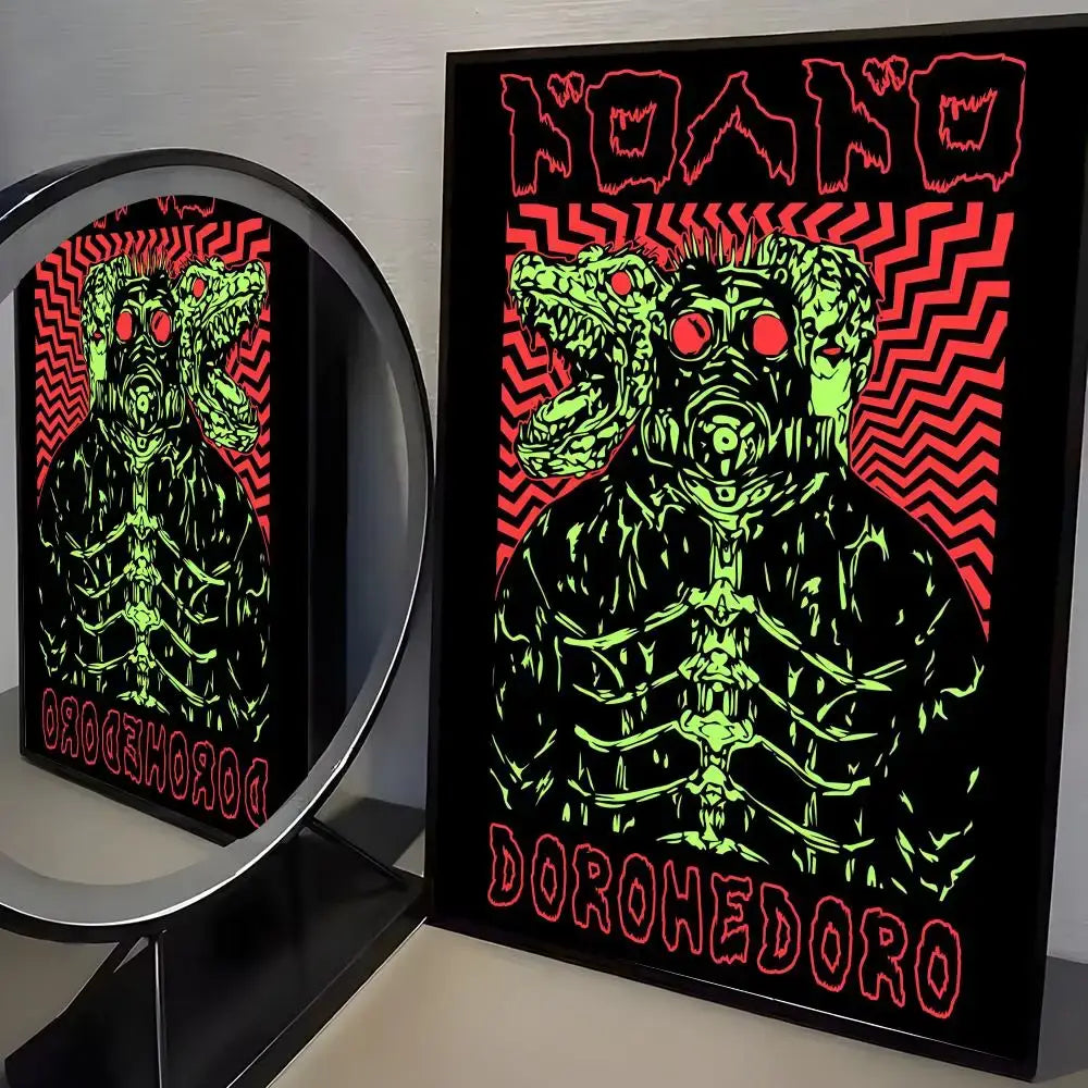 Dorohedoro poster minimalist pp paper wall art featuring neon green skeletal creature on black and red background