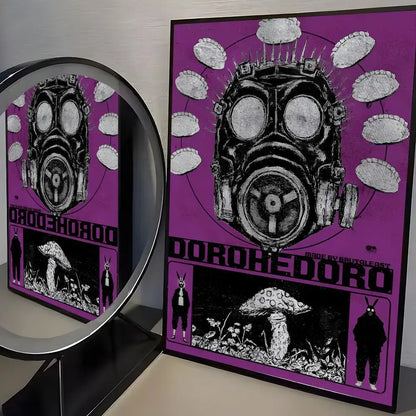 Purple framed dorohedoro poster featuring a black and white gas mask illustration on minimalist pp paper wall art