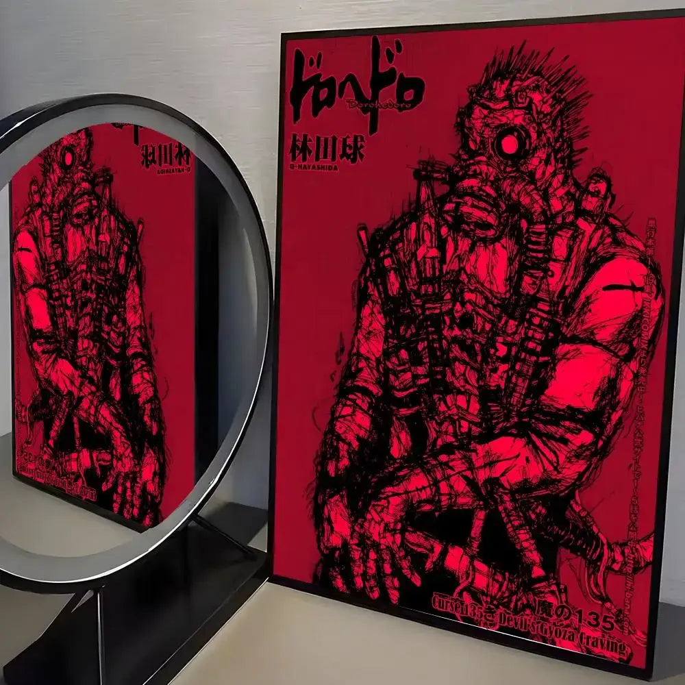 Red and black framed dorohedoro minimalist pp paper wall art featuring a spiky-haired character with intricate linework