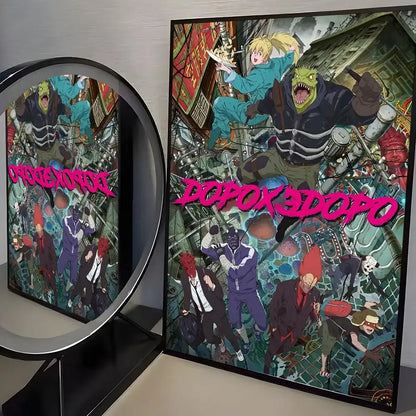 Vibrant dorohedoro poster wall art with dynamic characters in bold colors on minimalist pp paper with black border