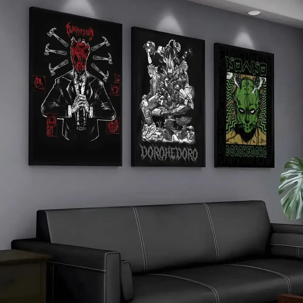 Three black-framed dorohedoro posters with red and white minimalist pp paper wall art on a dark wall