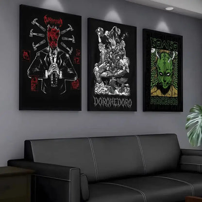 Three black-framed dorohedoro posters with red and white minimalist pp paper wall art on a dark wall