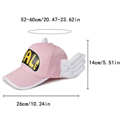 Pink dr slump arale baseball cap with plush wing details and black and yellow al logo patch