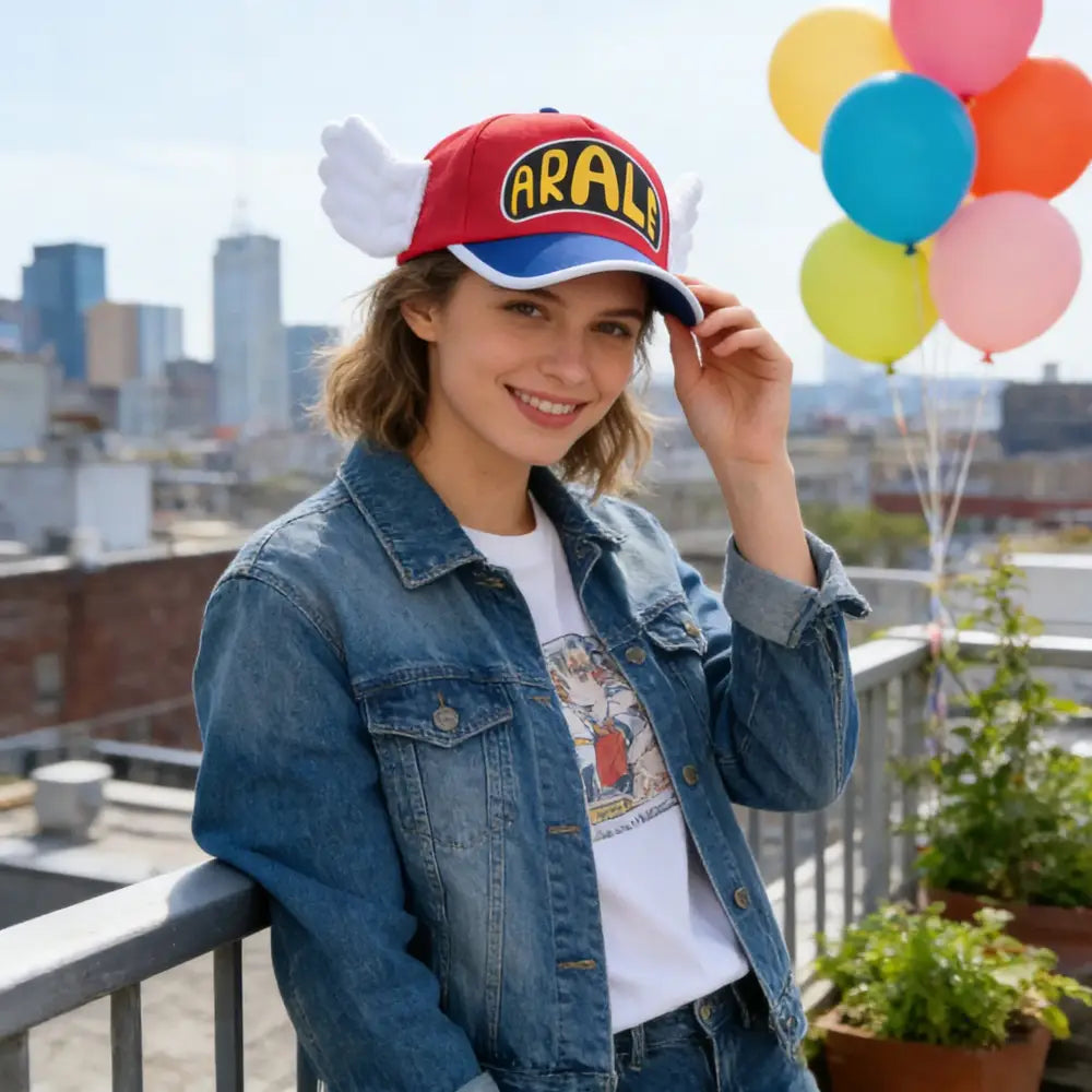 Dr. Slump Arale red and blue baseball cap with yellow lettering and plush wing details on the sides